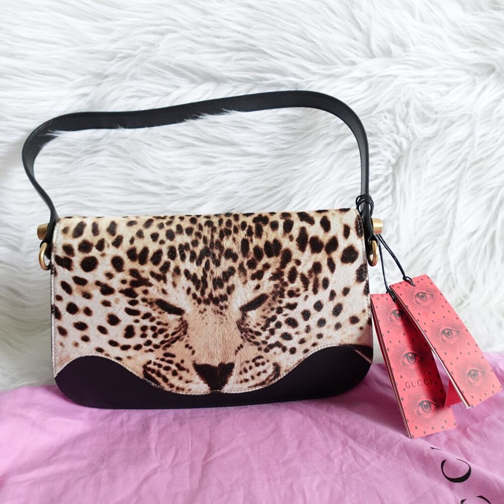 Gucci Leopard Face Cheetah Calf Hair Black Leather Shoulder Bag - Picture 3 of 15